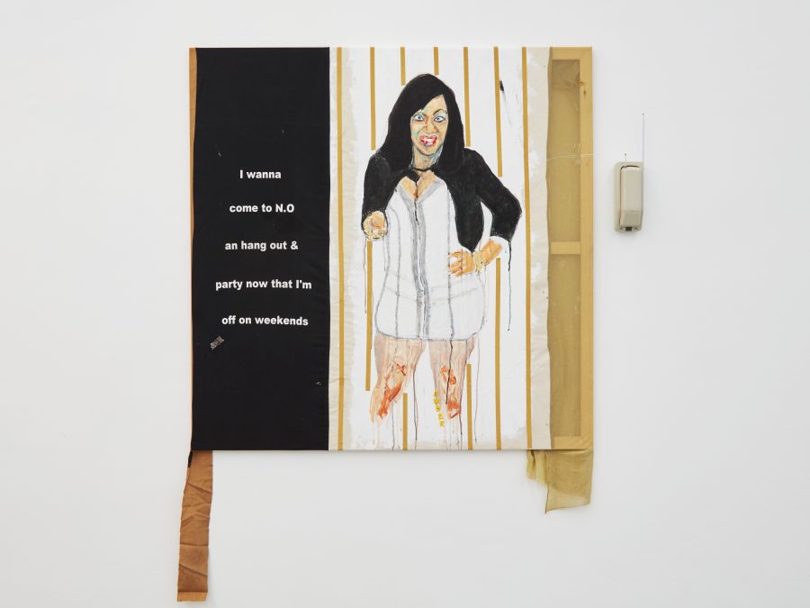 Tameka Jenean Norris, Amber, “I wanna come to N.O an Hang out & party now that I'm off on weekends”, 2016, fabric, canvas, acrylic paint, thread, 54 in x 54 in