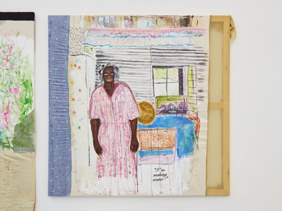 Tameka Jenean Norris, Grandma Bernardine, “I'm Making Water”, 2016, fabric, canvas, acrylic paint, thread, oil pastel, 48x48 in