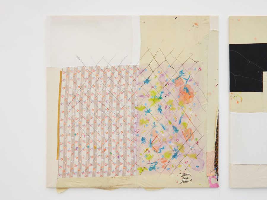 Tameka Jenean Norris, Jesus be a Fence Between Me and These YT People, 2016, fabric, canvas, acrylic paint, thread, 58 x 58 in