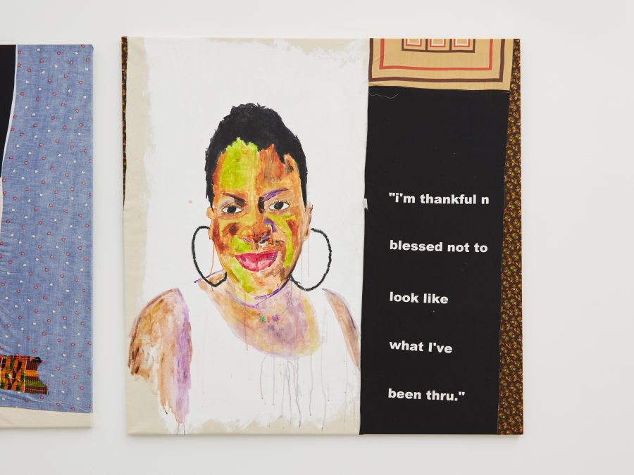 Tameka Jenean Norris, Kim “I'm Thankful n Blessed not to Look Like What I've Been Thru”, 2016, fabric, canvas, acrylic paint, thread, 50x50 in