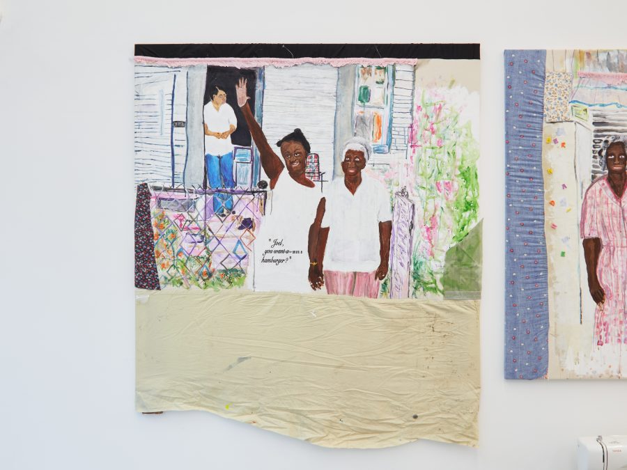 Tameka Jenean Norris, “Joel, You Want a Hamburger”, 2016, fabric, canvas, acrylic paint, thread, oil pastel, 50 x 50 in