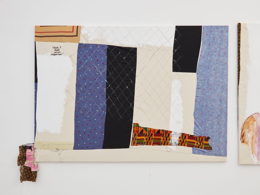 Tameka Jenean Norris, “Tameka, I Thought You Were Bougie”, 2016, fabric, canvas, acrylic paint, thread, 48 in x 68 in